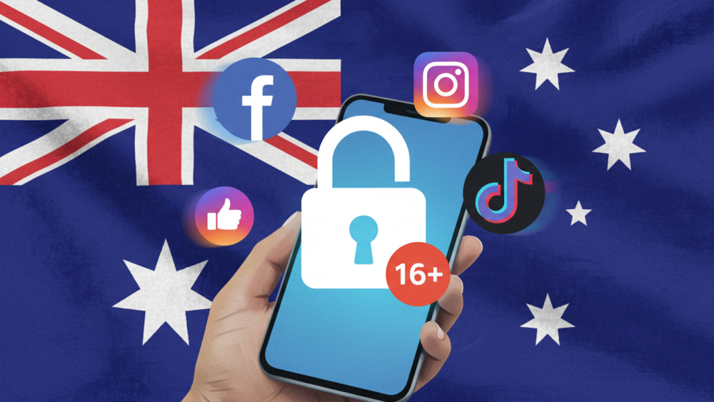 Illustration of a hand holding a smartphone showing a lock and 16+ badge, with Facebook, Instagram and TikTok icons floating around it, symbolising Australia’s new age rules for social media.